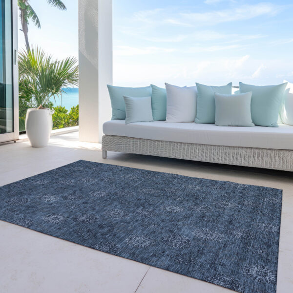 9' X 12' Blue And Navy Blue Floral Washable Indoor Outdoor Area Rug