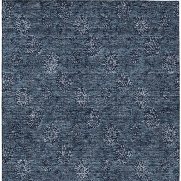 9' X 12' Blue And Navy Blue Floral Washable Indoor Outdoor Area Rug