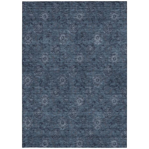 9' X 12' Blue And Navy Blue Floral Washable Indoor Outdoor Area Rug
