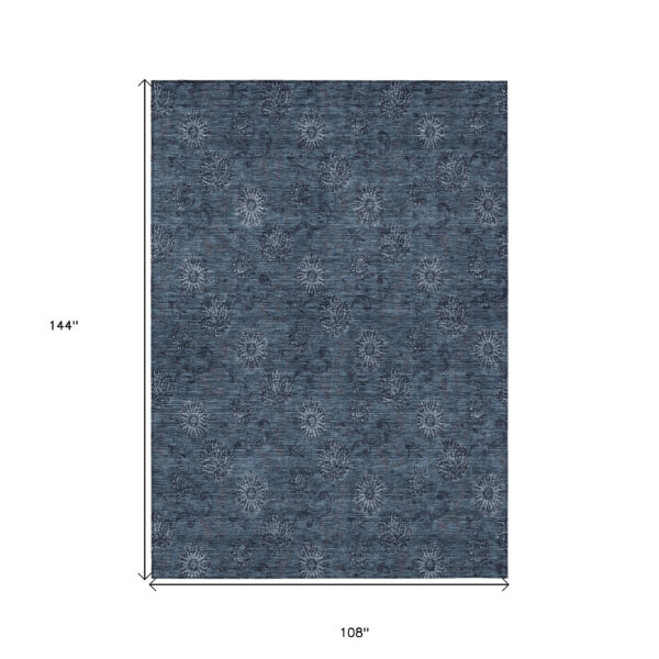9' X 12' Blue And Navy Blue Floral Washable Indoor Outdoor Area Rug