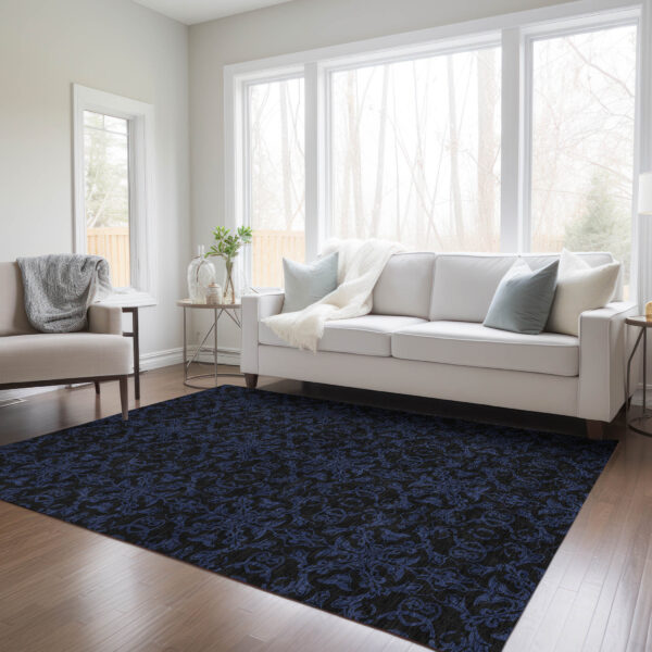 3' X 5' Blue And Navy Blue Medallion Washable Indoor Outdoor Area Rug