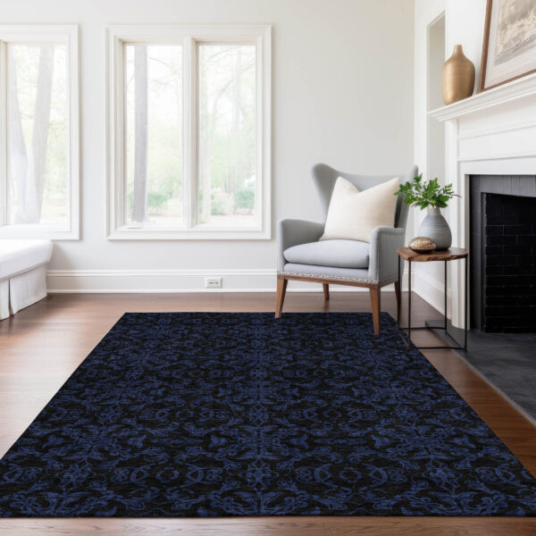 3' X 5' Blue And Navy Blue Medallion Washable Indoor Outdoor Area Rug