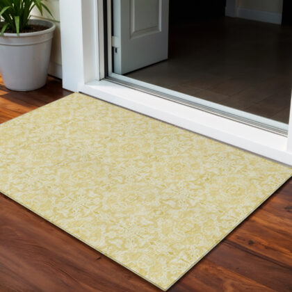 3' X 5' Gold And Ivory Medallion Washable Indoor Outdoor Area Rug