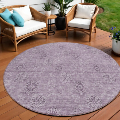 8' Plum And Purple Round Floral Washable Indoor Outdoor Area Rug