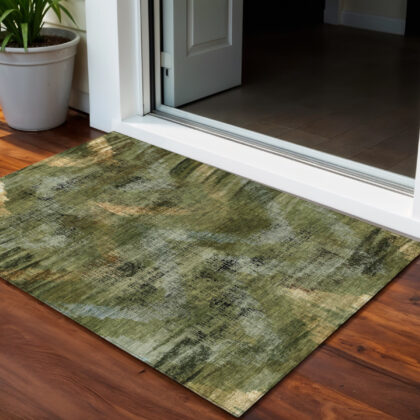 3' X 5' Olive Green And Gold Abstract Washable Indoor Outdoor Area Rug
