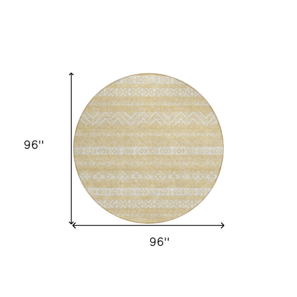 8' Gold And Beige Round Southwestern Washable Indoor Outdoor Area Rug