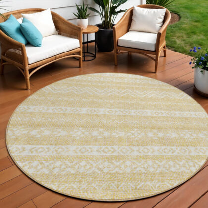 8' Gold And Beige Round Southwestern Washable Indoor Outdoor Area Rug