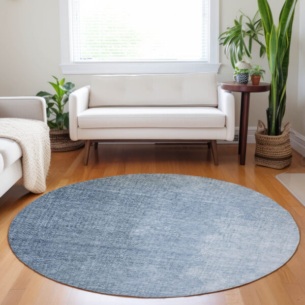 8' Navy Blue And Sky Blue Round Abstract Washable Indoor Outdoor Area Rug