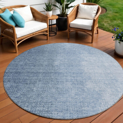 8' Navy Blue And Sky Blue Round Abstract Washable Indoor Outdoor Area Rug