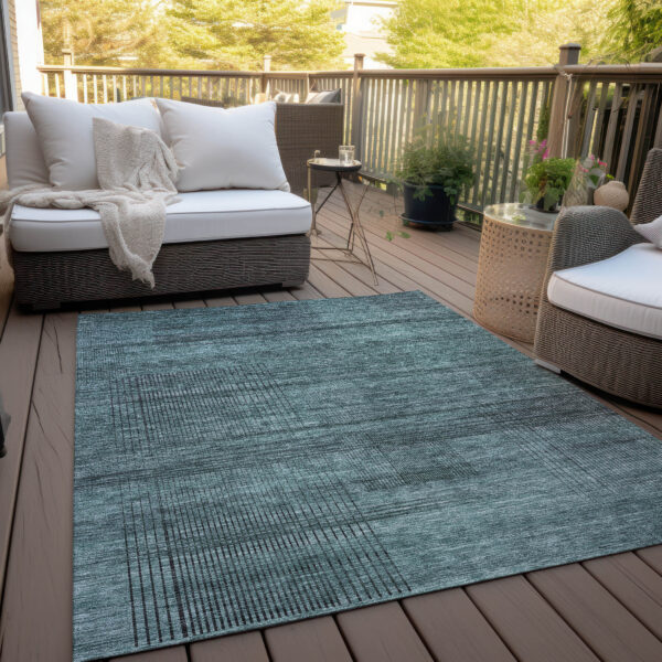 5' X 8' Teal Blue Aqua And Gray Striped Washable Indoor Outdoor Area Rug