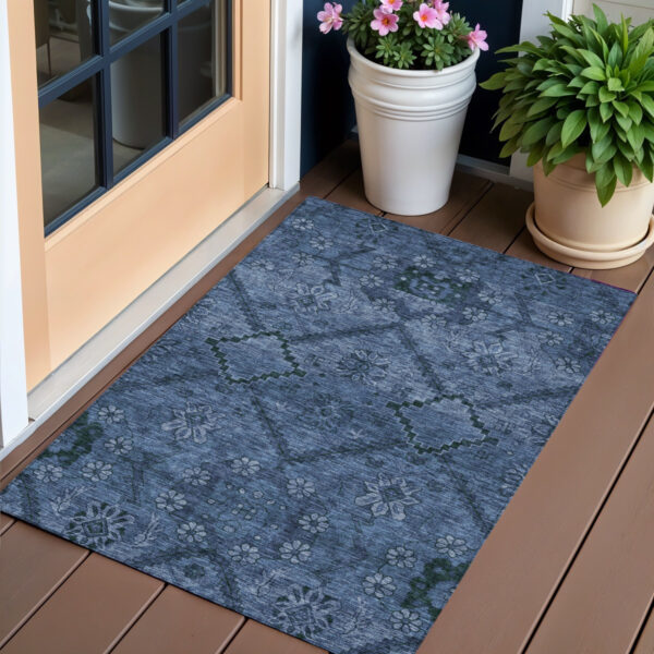 3' X 5' Navy Blue And Denim Blue Floral Washable Indoor Outdoor Area Rug