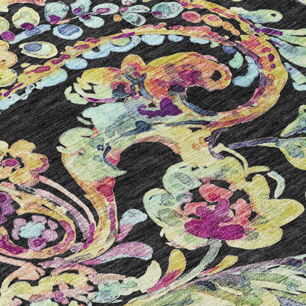 9' X 12' Black And Artichoke Green Paisley Washable Indoor Outdoor Area Rug