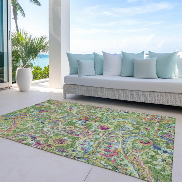 10' X 14' Fern Green And Artichoke Green Paisley Washable Indoor Outdoor Area Rug