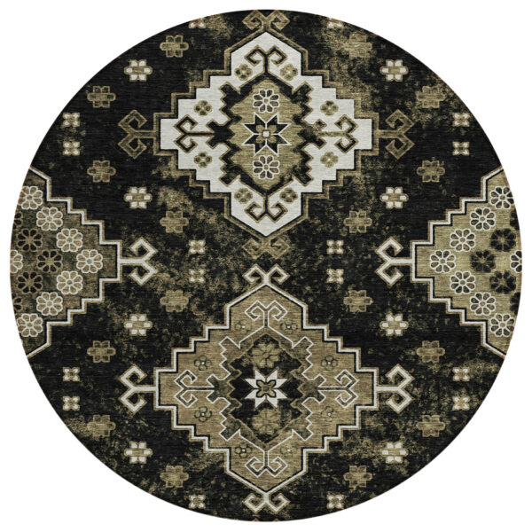 8' Black Ivory And Taupe Round Medallion Washable Indoor Outdoor Area Rug