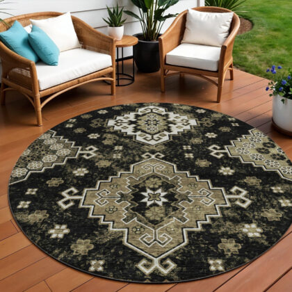 8' Black Ivory And Taupe Round Medallion Washable Indoor Outdoor Area Rug