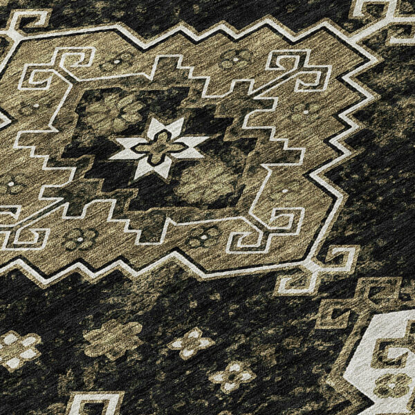 8' Black Ivory And Taupe Round Medallion Washable Indoor Outdoor Area Rug