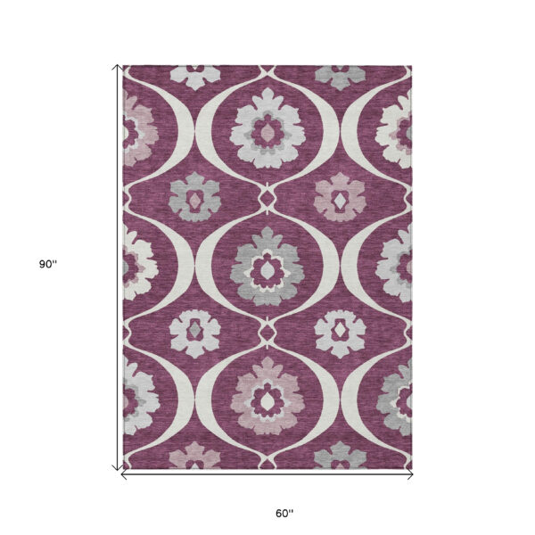 5' X 8' Eggplant Ivory And Gray Medallion Washable Indoor Outdoor Area Rug