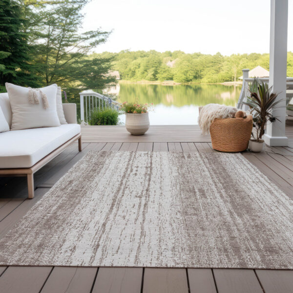 8' X 10' Taupe And Ivory Striped Washable Indoor Outdoor Area Rug