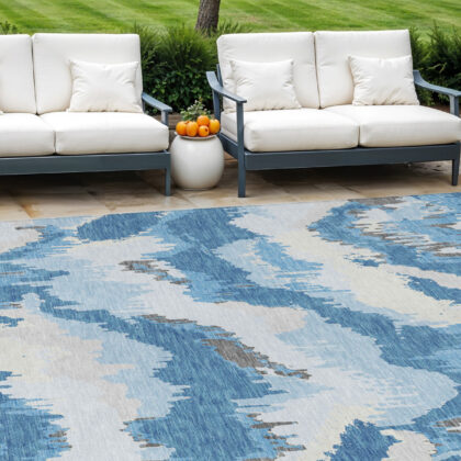 9' X 12' Sky Blue And Denim Blue Abstract Washable Indoor Outdoor Area Rug