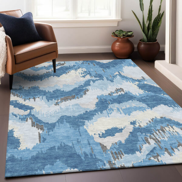 9' X 12' Sky Blue And Denim Blue Abstract Washable Indoor Outdoor Area Rug