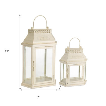 Set Of Two Beige Flameless Floor Lantern Candle Holder
