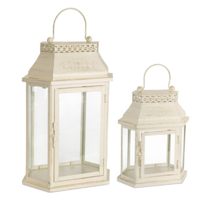 Set Of Two Beige Flameless Floor Lantern Candle Holder