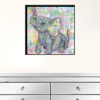 Set Of Three Whimsical Pastel Elephant  Black Framed Print Wall Art with Mirror