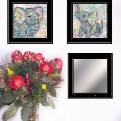 Set Of Three Whimsical Pastel Elephant  Black Framed Print Wall Art with Mirror