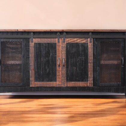 68" Black Solid Wood Cabinet Enclosed Storage Distressed TV Stand