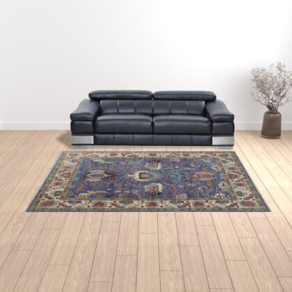 9' X 12' Blue And Red Wool Floral Hand Knotted Stain Resistant Area Rug