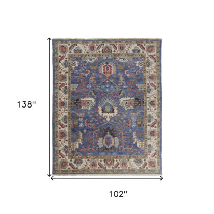 9' X 12' Blue And Red Wool Floral Hand Knotted Stain Resistant Area Rug