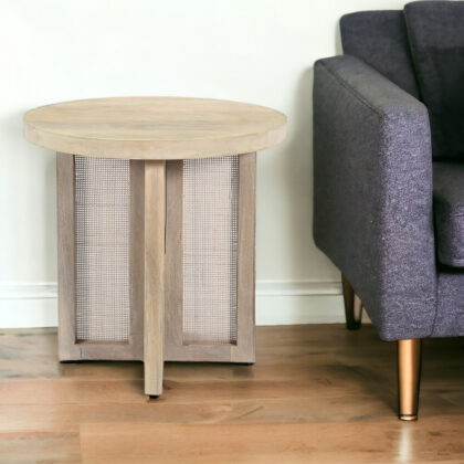 22" Natural Solid Wood And Rattan Round End Table