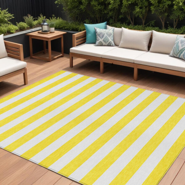10' X 14' Yellow and White Striped Washable Indoor Outdoor Area Rug