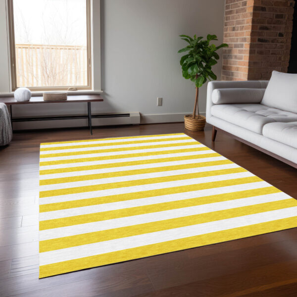 10' X 14' Yellow and White Striped Washable Indoor Outdoor Area Rug