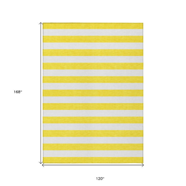10' X 14' Yellow and White Striped Washable Indoor Outdoor Area Rug