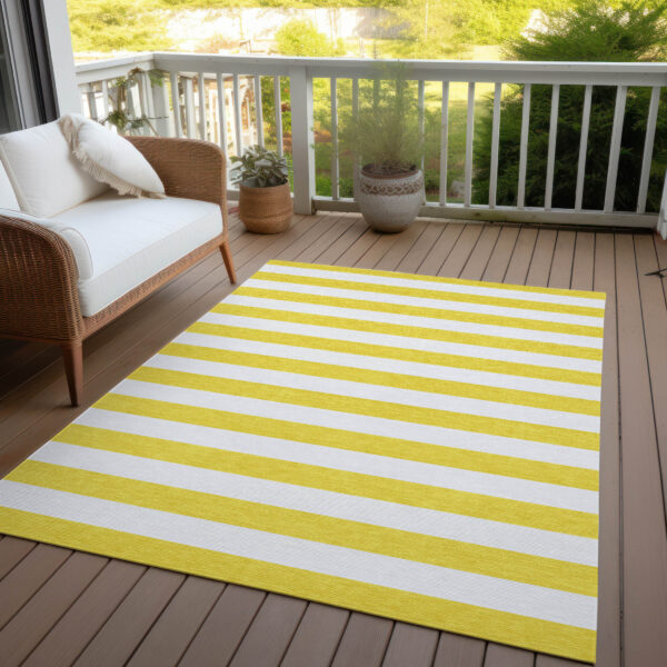 10' X 14' Yellow and White Striped Washable Indoor Outdoor Area Rug