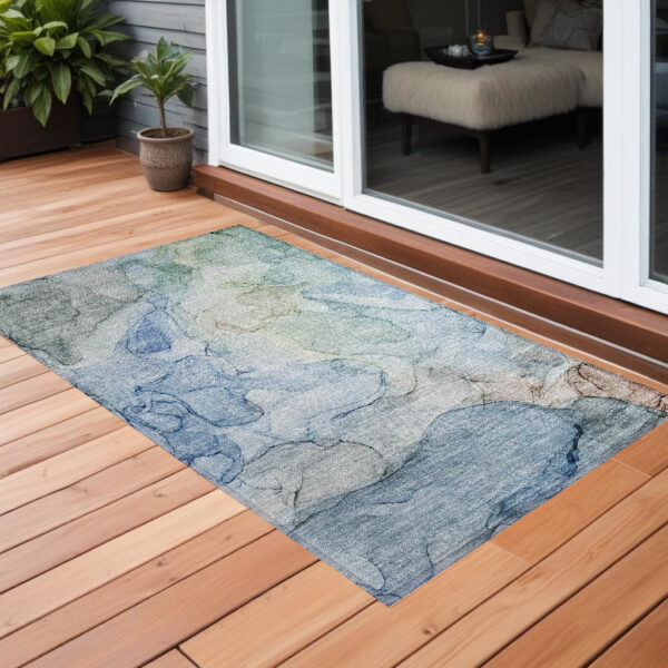 3' X 5' Blue Abstract Washable Non Skid Indoor Outdoor Area Rug