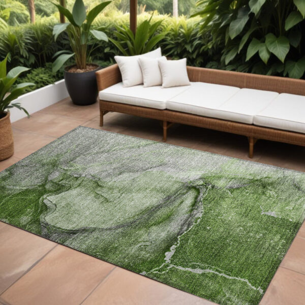 10' X 14' Olive Green Abstract Washable Non Skid Indoor Outdoor Area Rug