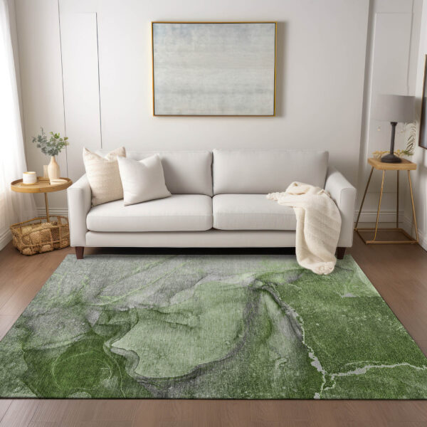 10' X 14' Olive Green Abstract Washable Non Skid Indoor Outdoor Area Rug