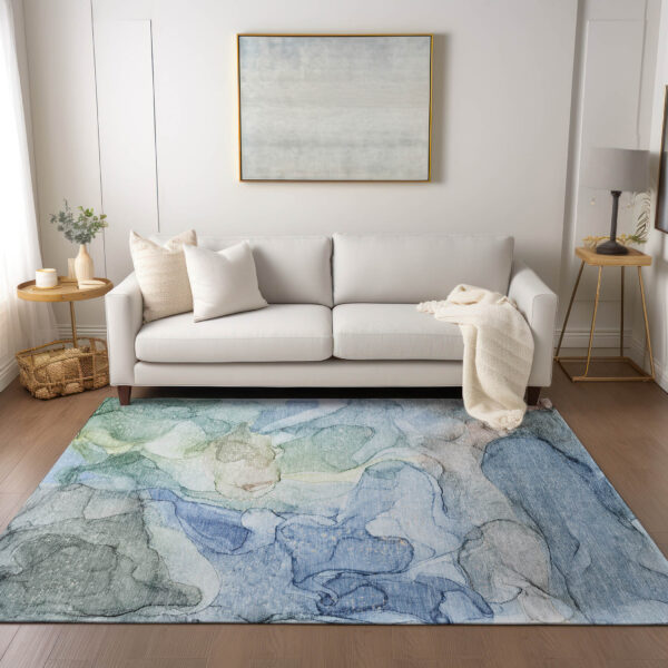 3' X 5' Blue Abstract Washable Non Skid Indoor Outdoor Area Rug