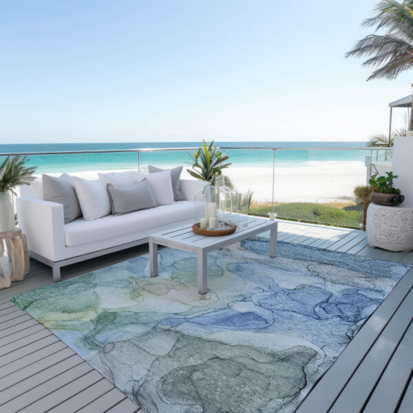 10' X 14' Blue Abstract Washable Non Skid Indoor Outdoor Area Rug