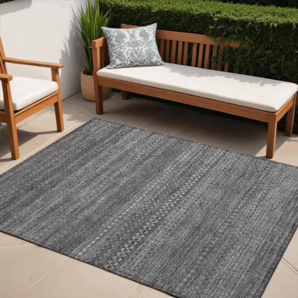 5' X 8' Gray Striped Washable Non Skid Indoor Outdoor Area Rug