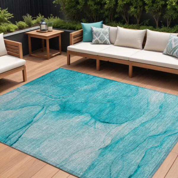 8' X 10' Teal Abstract Washable Non Skid Indoor Outdoor Area Rug