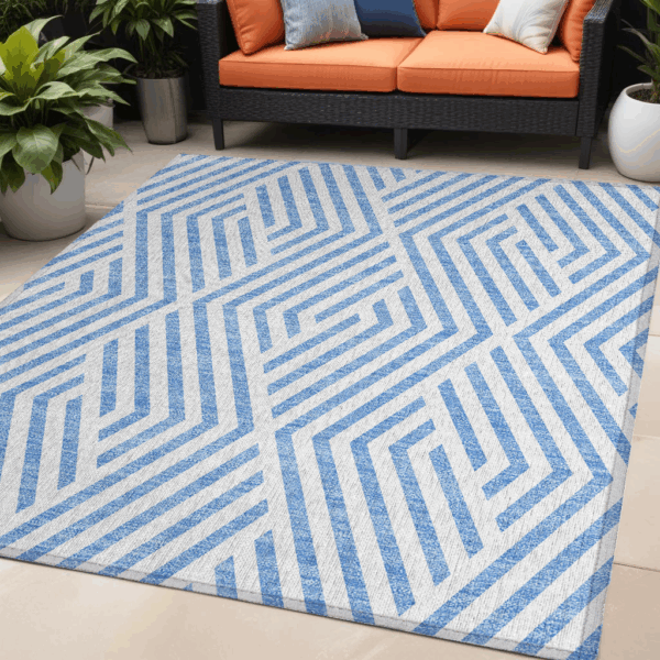 5' X 8' Blue and Ivory Geometric Washable Non Skid Indoor Outdoor Area Rug