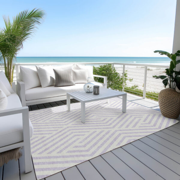 8' X 10' Lavender and Ivory Geometric Washable Non Skid Indoor Outdoor Area Rug