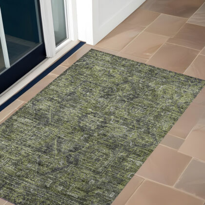 3' X 5' Moss Green and Gray Oriental Washable Non Skid Indoor Outdoor Area Rug