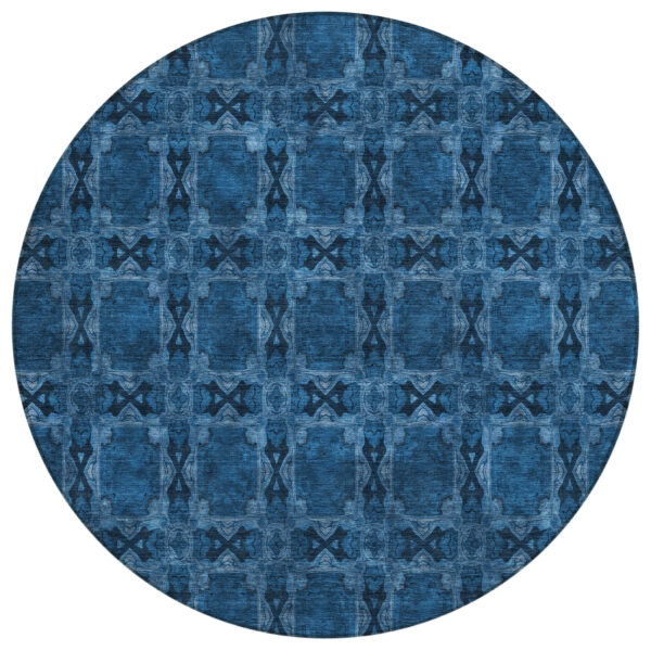 8' Round Navy and Gray Round Floral Medallion Washable Non Skid Indoor Outdoor Area Rug