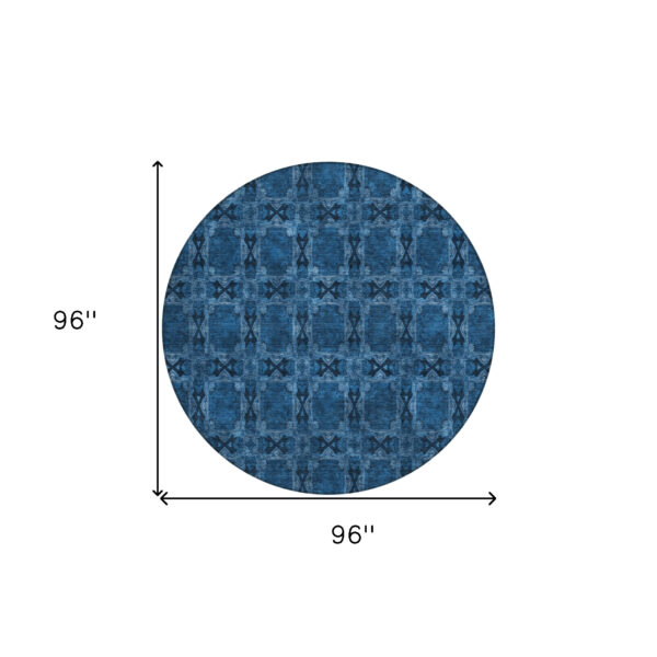 8' Round Navy and Gray Round Floral Medallion Washable Non Skid Indoor Outdoor Area Rug