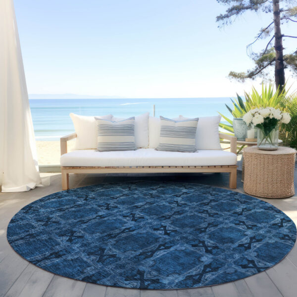8' Round Navy and Gray Round Floral Medallion Washable Non Skid Indoor Outdoor Area Rug