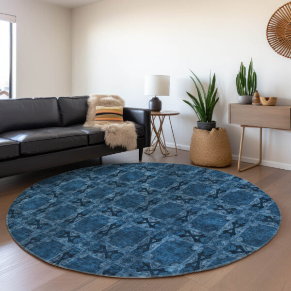 8' Round Navy and Gray Round Floral Medallion Washable Non Skid Indoor Outdoor Area Rug